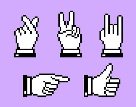 8 bit pixel art hand icons, pixel hands gestures icons set. Retro Game art isolated vector illustration. Pixel perfect. Nostalgiaのイラスト素材
