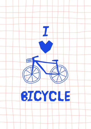 Hand-drawn Notebook Style Poster with Bicycle and I love Bicycle Quote on Grid Paper Background. Cute Doodle Sketch for Bike Lovers and Eco Travel Fans. Abstract Heartのイラスト素材