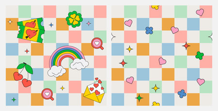 Retro cute checkered  patterns with hearts in colorful vintage style. Groovy geometric backgrounds...