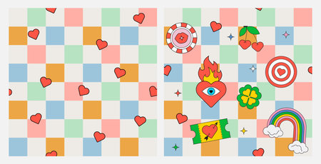 Retro Cute Checkered Seamless Pattern with Hearts and Playful Game Elements. Vintage Groovy...