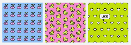 Y2K Pixel Seamless Patterns with Cherries, Ducks, Hearts. Neon Retro 8-Bit Kawaii Backgrounds in 90s...