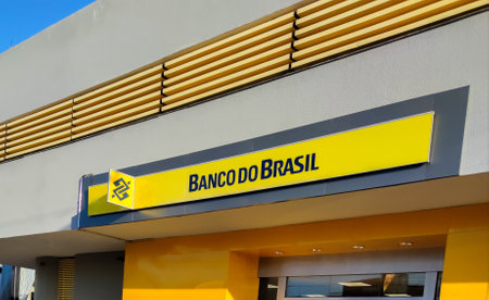 Lettering and logo of "Banco do Brasil" bank branch. Facade of bank branch, advertising sign and logo.のeditorial素材