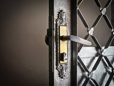 Golden rustic handle on metal door. Rusty door lock. copy spaceの写真素材