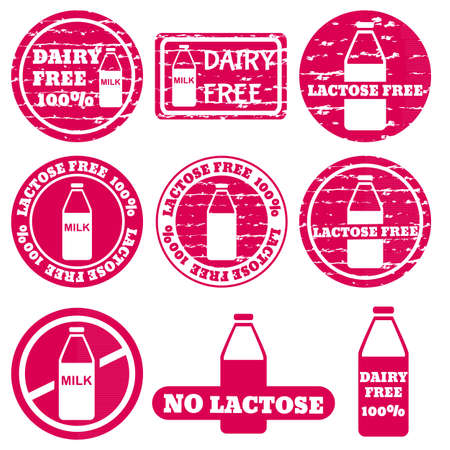 Set of grunge stamps with allergen icons. Dairy Lactose free icons.のイラスト素材