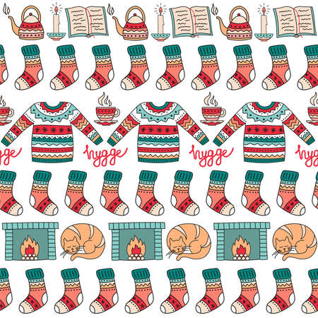 Hand drawn seamless pattern with hygge elements. Time to Hygge. Vector illustrationのイラスト素材