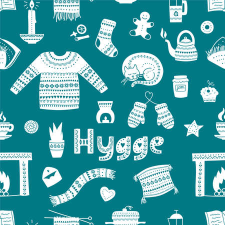 Hand drawn seamless pattern with hygge elements. Time to Hygge. Vector illustrationのイラスト素材