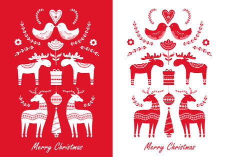 Set of Christmas  hand drawn greeting cards in Scandinavian style. Vector illustrationのイラスト素材