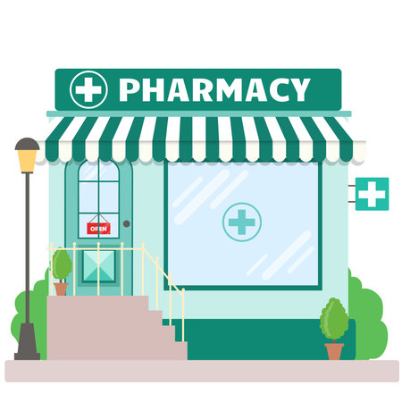 Facade pharmacy store with a signboard, awning and symbol in shopwindow. Front shop for brochure or banner. Vector illustrationのイラスト素材