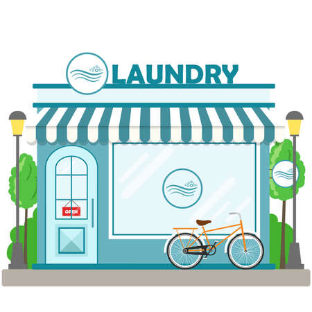 Laundry building facade with bicycle. Vector illustrationのイラスト素材