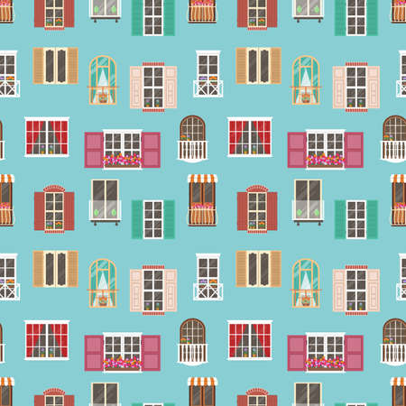 Seamless pattern with various type house window frame and balconies. Building facade elements. Vector illustrationのイラスト素材