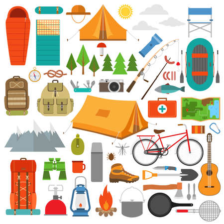 Mountain hike elements. Camping equipment vector illustration.のイラスト素材