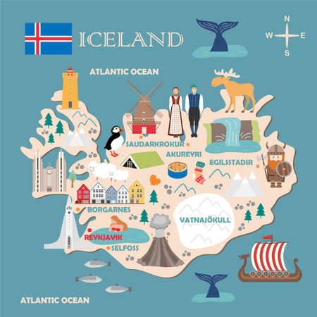 Stylized map of Iceland. Travel illustration with icelandic landmarks, architecture, national flag, and other symbols in flat style. Vector illustrationのイラスト素材