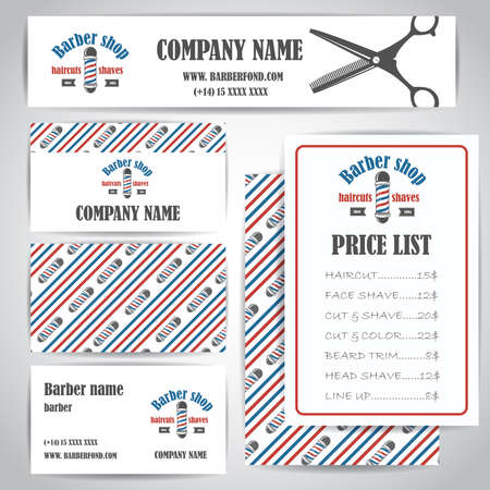 Hair salon barber shop vintage business cards and prices design template set. Vector illustrationのイラスト素材