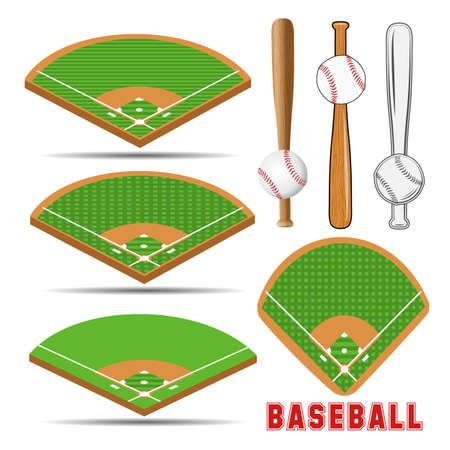 Baseball fields, leather ball and wooden bats. Isometric fields. Vector illustrationのイラスト素材