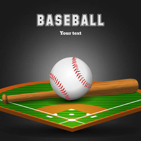 Baseball leather ball and wooden bat on field. Sport black background. Vector illustrationのイラスト素材