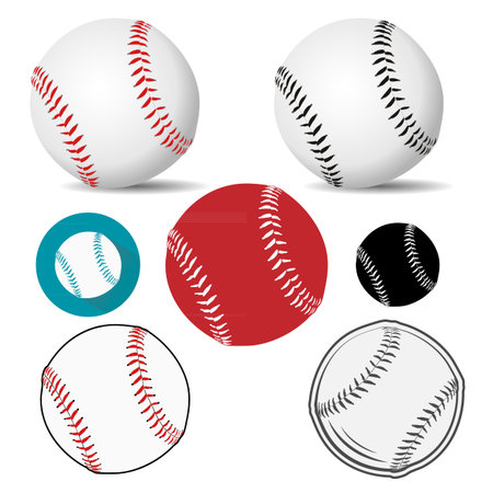 Baseball ball realistic,  icon in white leather with red/black stitches. Vector illustration.のイラスト素材