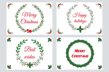 Christmas greeting cards, wreaths with calligraphy. Handwritten modern brush. Hand drawn design elements. Vector illustrationのイラスト素材