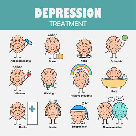 Depression treatment. Cartoon brain character.  Creative concept of the human brain. Vector illustration.のイラスト素材