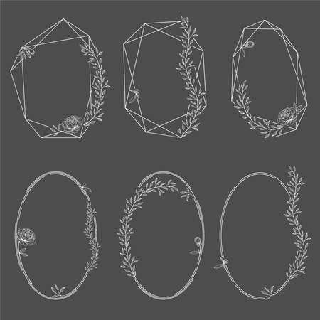 Set of oval and polygonal floral frames with peonies isolated on white background. Vector wreaths illustration.のイラスト素材