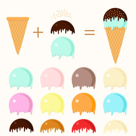 Set of cartoon icons. Ice cream scoops in different colors and waffle cone. Vector illustrationのイラスト素材