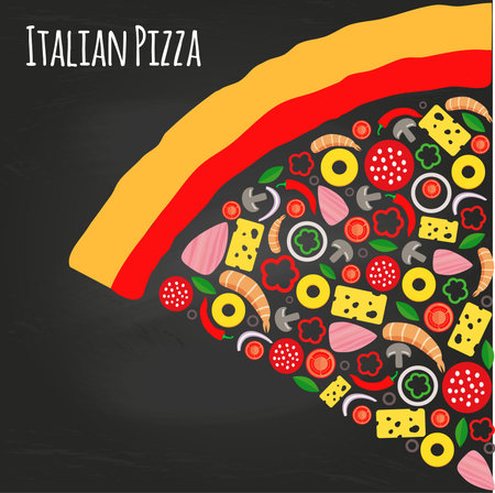 Pizza piece on the chalkboard with ingredients. Flat style, icon, background vector illustration.のイラスト素材