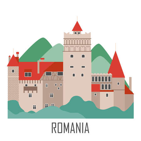 Castle of Dracula. Romania landmark. Travel sightseeing collection. Flat cartoon style. Vector illustrationのイラスト素材
