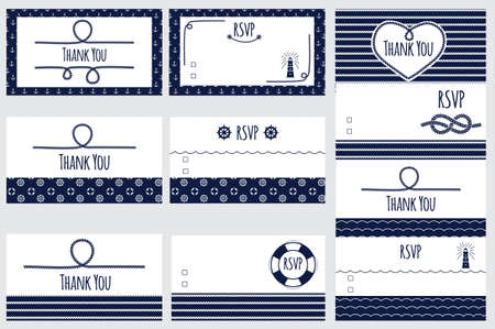 Nautical wedding card templates. Marine design of card Thank you and RSVP. Vector illustrationのイラスト素材
