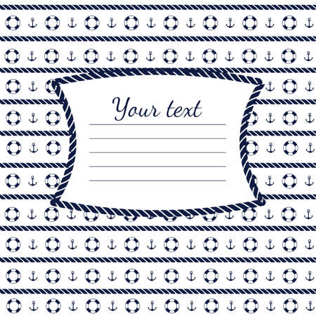 Blue and white navy frame with anchors, rope, lifebuoy. Decorative elements in nautical style, marine card background. Vector illustration.のイラスト素材