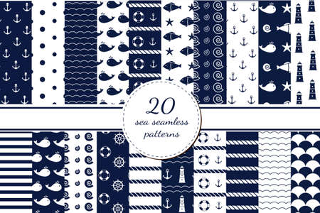 Set of sea backgrounds in dark blue and white colors. Seamless patterns. Vector illustration.のイラスト素材