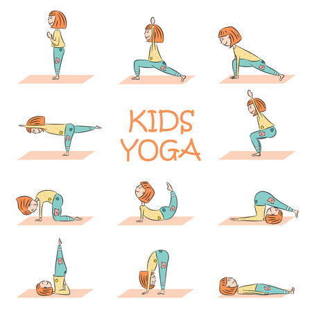 Kids yoga set with cute cartoon girl in different yoga poses. Flat design. Vector illustrationのイラスト素材