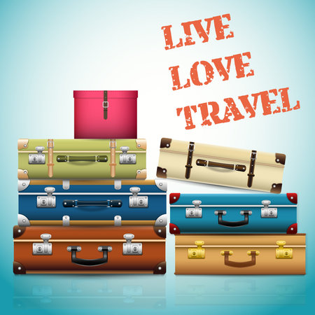 Background with closed old retro vintage suitcases. 3d realistic travel bags with text Live Love Travel. Vector illustrationのイラスト素材