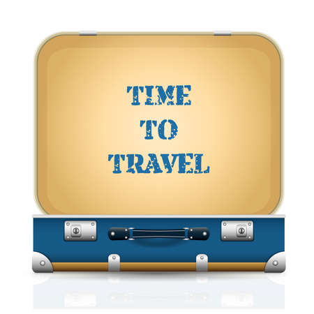 Open old retro vintage suitcase. 3d travel bag realistic iconwith text. Vector illustrationのイラスト素材