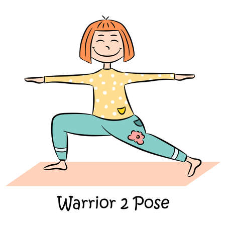 Kid yoga logo. Girl is in warrior pose. Vector illustration.のイラスト素材