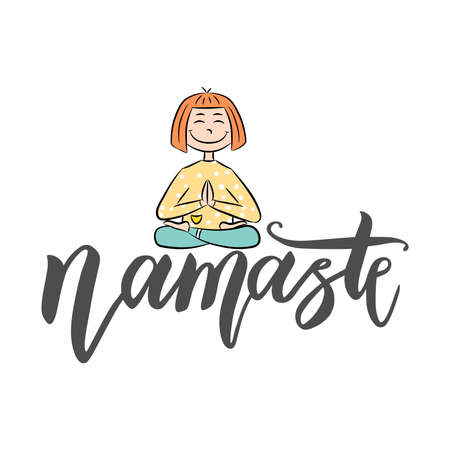 Yoga lettering background. Calligraphic poster with phrase - Namaste. Hand drawn quote with girl in lotus pose. Vector illustrationのイラスト素材