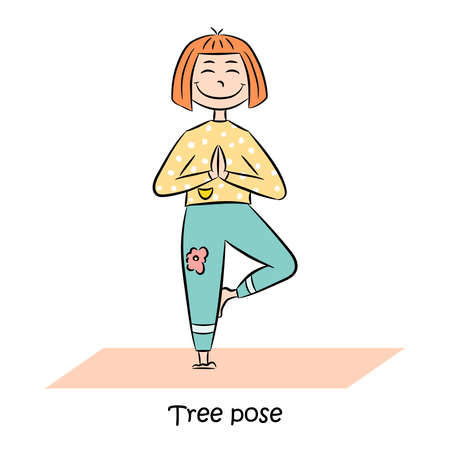 Kid yoga logo. Girl is in tree pose. Vector illustration.のイラスト素材