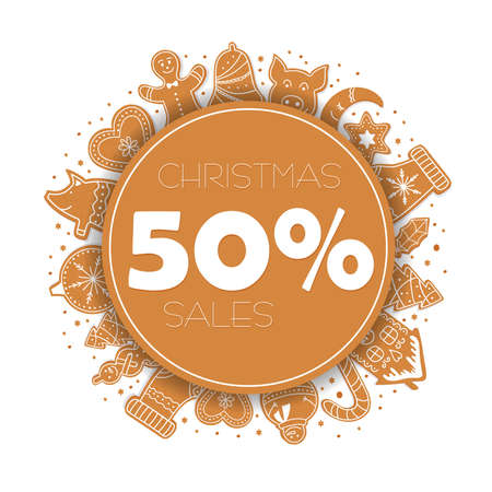 Banner Christmas sale with gingerbread cookies figures of snowman, pig and sock, gingerbread men, stars  in glaze. Template New year gift certificate and discount coupon. Vector illustration.のイラスト素材