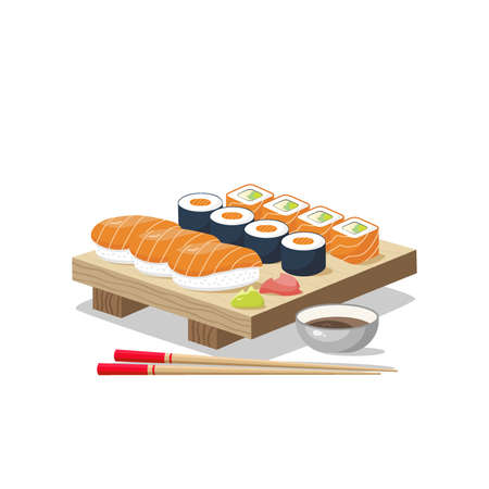 Icon set of sushi menu. Asia cuisine restaurant delicious. On the board are sushi rolls, wasabi, ginger, chopsticks and soy sauce. Vector illustrationのイラスト素材