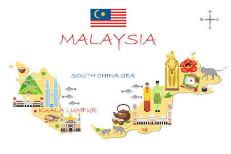 Stylized map of Malaysia. Travel illustration with malaysian landmarks, architecture, national flag, and other symbols in flat style. Infographic. Travel and Tourist Attraction. Vector illustrationのイラスト素材