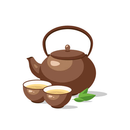 Japanese, chinese tea ceremony set. Ceramic teapot and cup bowls of green tea isolated. Vector illustration.のイラスト素材