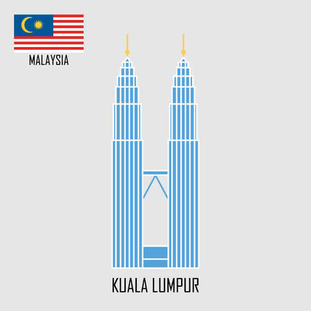 Malaysia landmark. Towers at Kuala Lumpur and Malaysian flag. Vector illustration.のイラスト素材