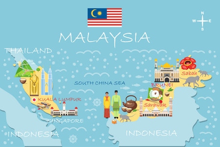 Stylized map of Malaysia. Travel illustration with malaysian landmarks, architecture, national flag, and other symbols in flat style. Infographic. Travel and Tourist Attraction. Vector illustrationのイラスト素材