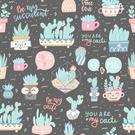 Seamless pattern with cactuses and succulents in cartoon style. Vector illustration.