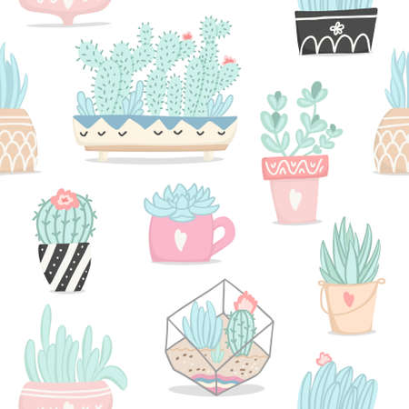 Seamless pattern with cactuses and succulents in cartoon style. Vector illustration.のイラスト素材