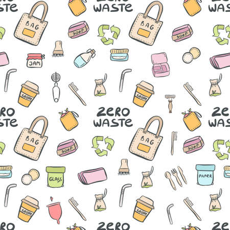 Hand drawn seamless pattern of zero waste life with lettering slogan in vector. Eco style. No plastic. Vector illustrationのイラスト素材