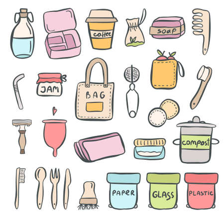 Set of hand drawn elements of zero waste life with lettering. Eco style. No plastic. Vector illustrationのイラスト素材