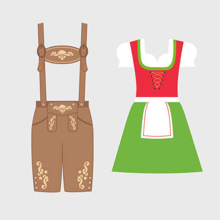 Traditional austrian and bavarian costume. lederhosen and dirndl decorated with floral embroidery. Oktoberfest outfit. Vector flat illustrationのイラスト素材