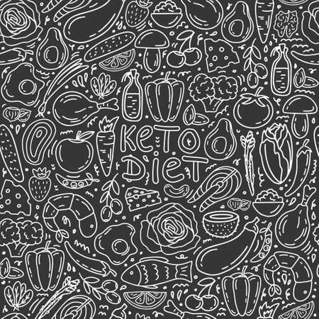 Seamless pattern ketogenic diet with food and letter phrase. Healthy concept with keto food decorative elements - fats, proteins and carbs. Hand drawn, doodle vector illustrationのイラスト素材