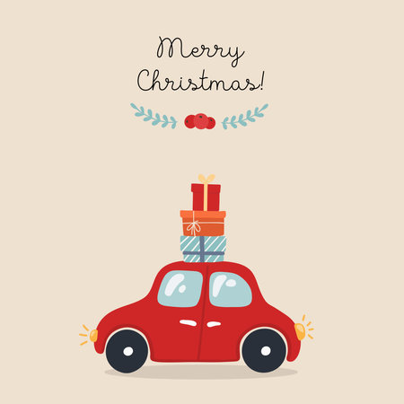 Christmas card with car, hand drawn style. Car with gifts. Vector illustration.のイラスト素材