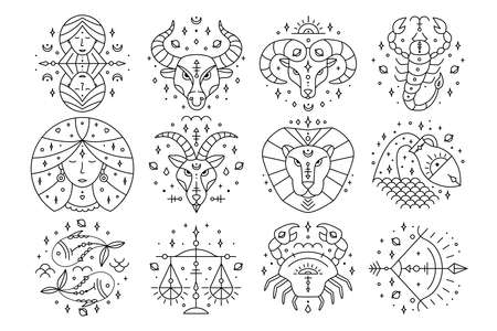 Thin line zodiacal signs. Astrology, horoscope symbols, design elements. Isolated on white. Vector illustrationsのイラスト素材