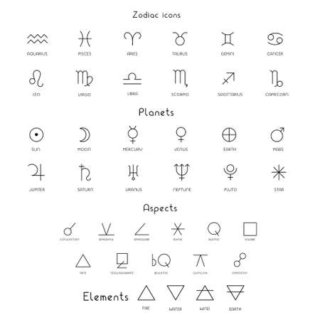 Zodiac sings astrology astronomy symbols, isolated icons. Planets, stars pictograms. Big esoteric set in line art black and white color geometric. Vector illustrationsのイラスト素材